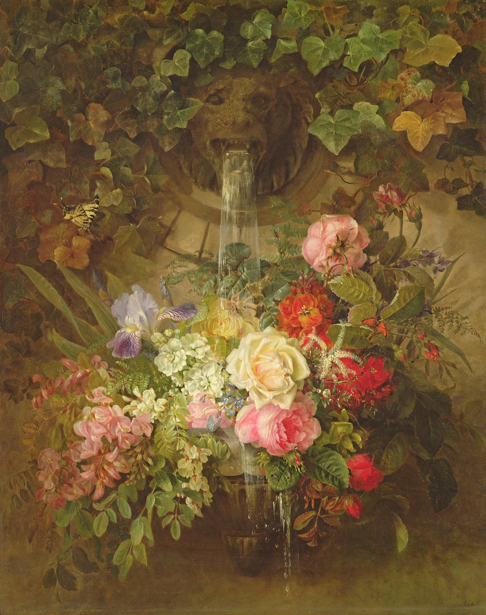 Kwiaty pod fontanną lwa, autorstwa Auguste Wilhelmine Reichelt