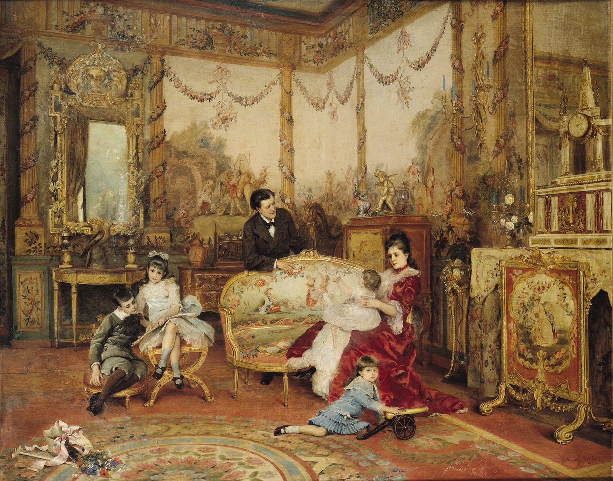Victorien Sardou (1831-1908) i jego rodzina w salonie w Marly-le-Roi, c.1875 autorstwa Auguste de la Brely
