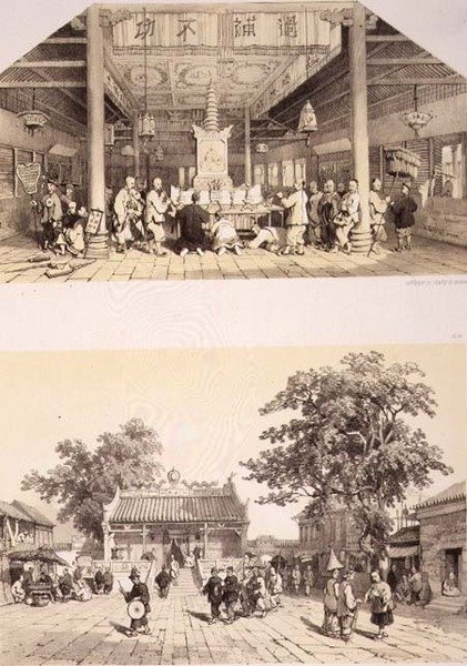 Wnętrze świątyni Buddy i mały plac na przedmieściach kantonu, tablice 25 i 26 ze „Szkiców Chin”, rytowane przez Eugene’a Ciceri (1813-90) 1842 (podbarwione lito) autorstwa Auguste (after) Borget