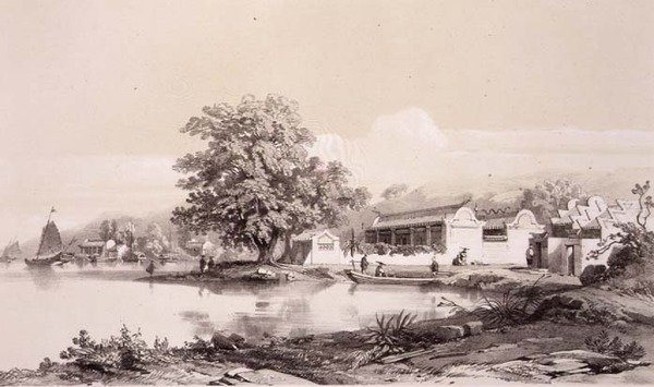 Dom Mandaryna nad kanałem Makao-Kanton, tablica 20 ze „Szkiców Chin”, rytowany przez Eugene Ciceri (1813-90) 1842 (podbarwiony lit) autorstwa Auguste (after) Borget