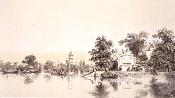 Świątynia, Pagoda i Wioska nad Kanałem Makao-Kanton, tablica 22 ze „Szkiców Chin”, rytowana przez Eugene’a Ciceri (1813-90) 1842 (podbarwiony lit) autorstwa Auguste (after) Borget