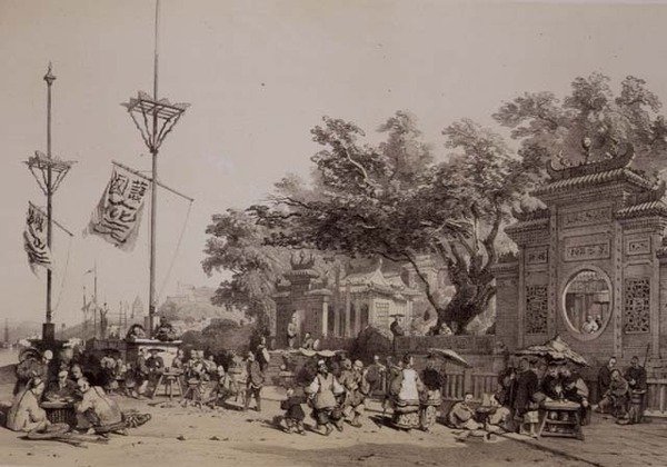 Fasada Wielkiej Świątyni Makau, tablica 9 ze „Szkiców Chin”, rytowana przez Eugene Ciceri (1813-90) 1842 (podbarwiony lit) autorstwa Auguste (after) Borget