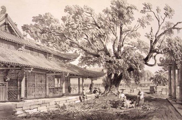 Świątynia Buddy na przedmieściach Honan w Kantonie, tablica 24 ze „Szkiców Chin”, rytowana przez Eugene Ciceri (1813-90) 1842 (podbarwiony lit) autorstwa Auguste (after) Borget