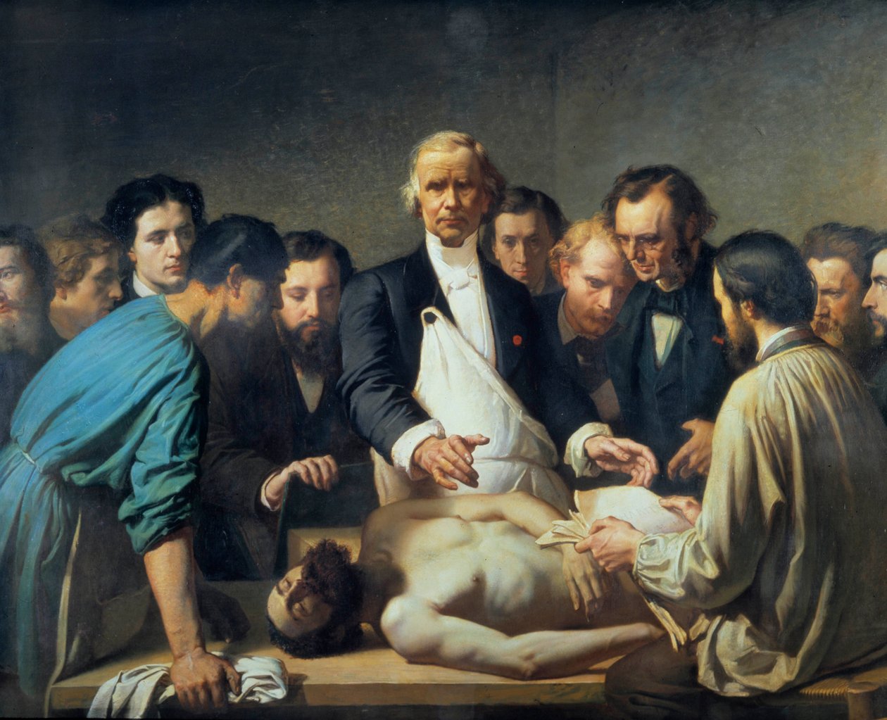 Doktor Alfred Velleau (1795-1867) z Charity przystąpi do sekcji zwłok. Lekarz otoczony przez swoich uczniów, którzy są gotowi interweniować przy zwłokach. Obraz Francois Feyen Perrin (1826-1888). 19 wiek. Wycieczki musee des Beaux Arts - Alfred Velpeau autorstwa Auguste (after) Feyen Perrin