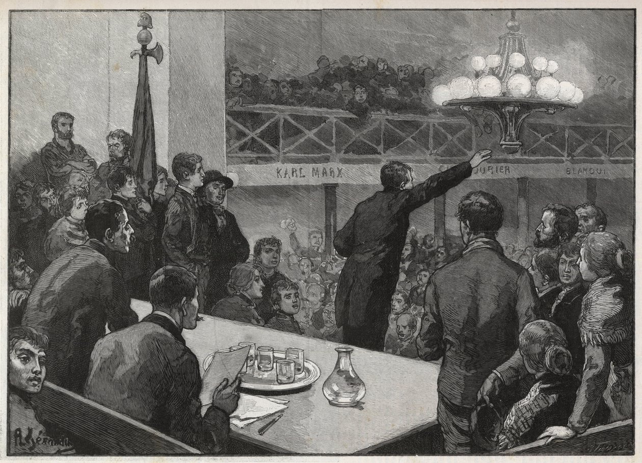 Spotkanie na strajk w Vooruit w 1885 - grawerowanie w 1885 „Le monde illustrious” - rysunek Gerardina autorstwa Auguste (after) Gerardin