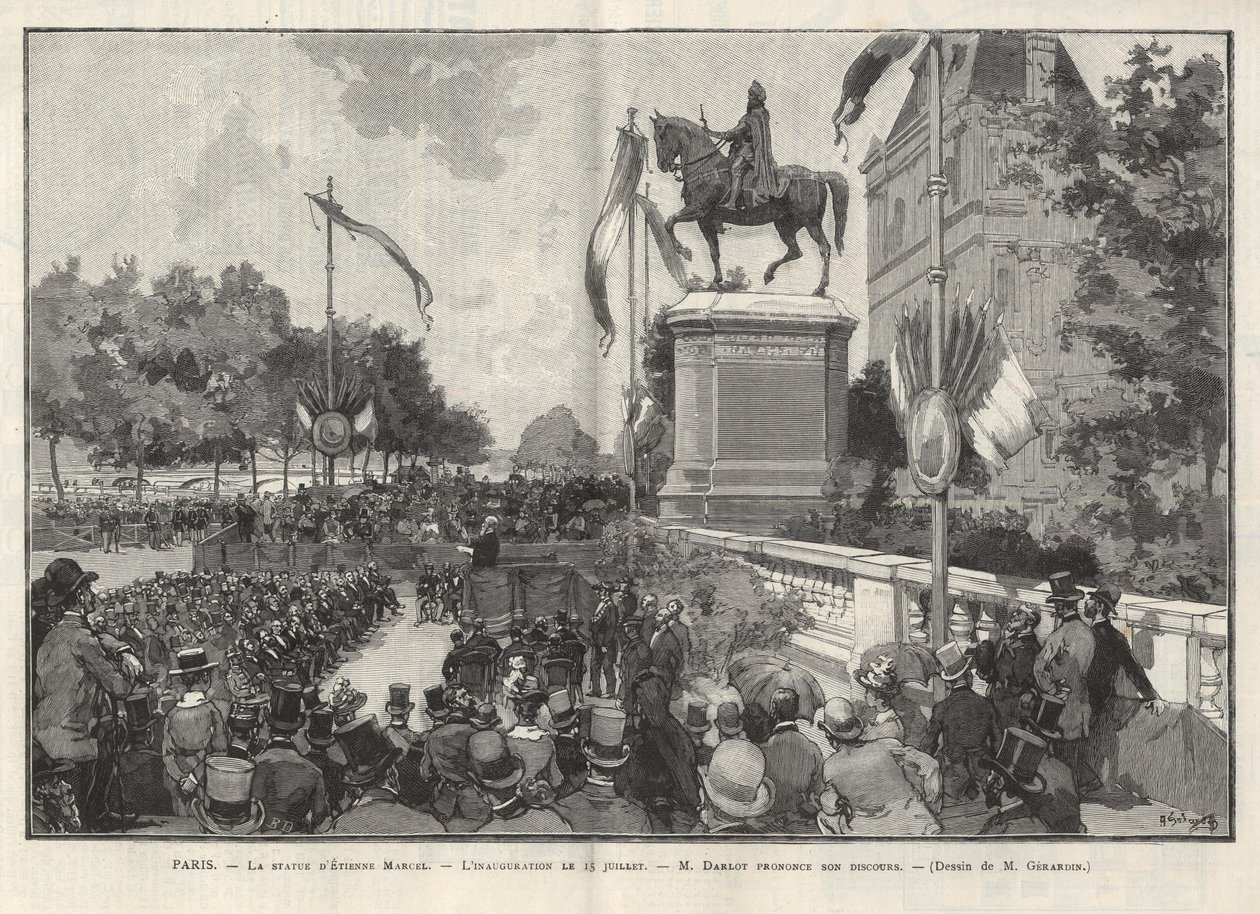 Paryż - - Przemówienie pana Darlota podczas inauguracji 15 lipca 1888 r. w Hotel de Ville de Paris pomnika Etienne Marcela - Rysunek Gerardina w „The Illustrous World” z 1888 autorstwa Auguste (after) Gerardin