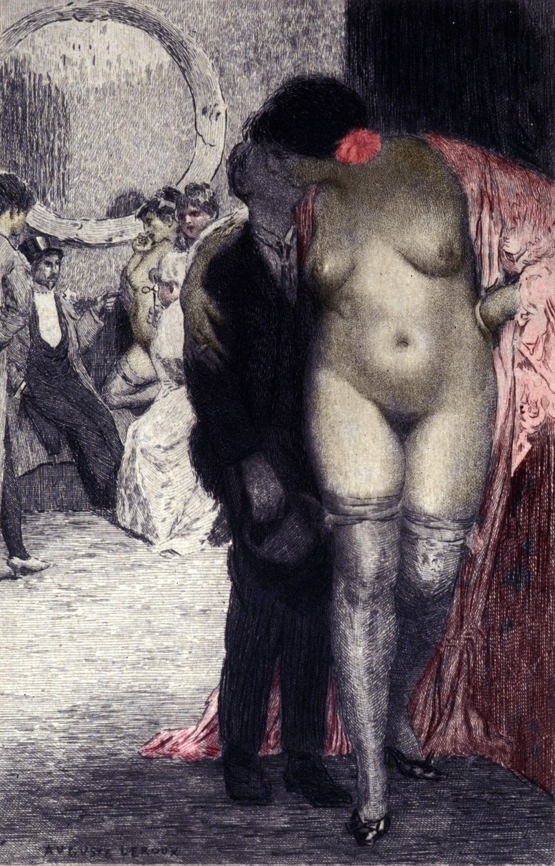 Wnętrze francuskiego domu publicznego. Klient z prostytutką. Ilustracja autorstwa Auguste Leroux (1871-1954) autorstwa Auguste (after) Leroux