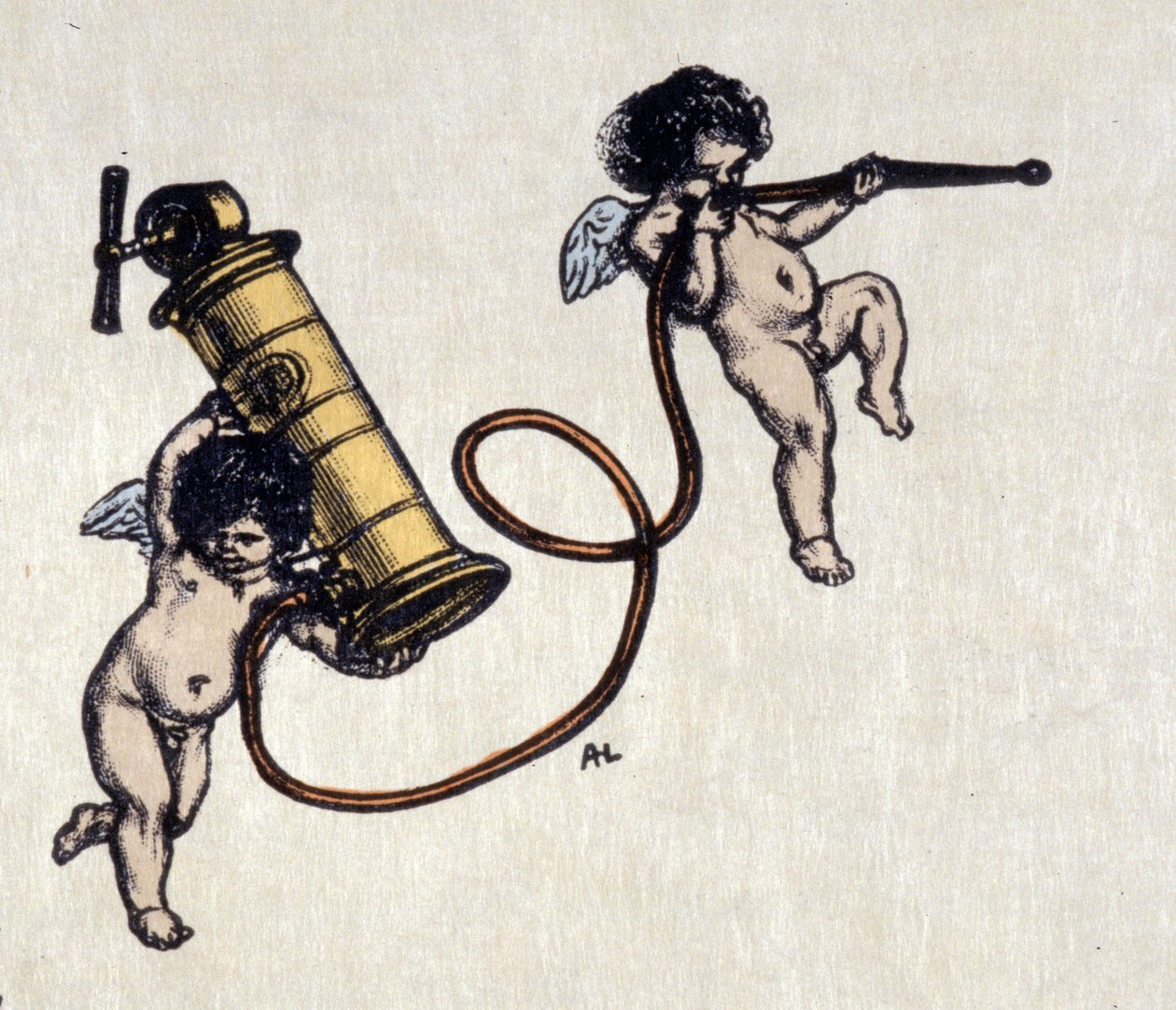 Radość z clystere. Dwa anioły noszące pompę do lewatywy. Ilustracja autorstwa Auguste Leroux (1871-1954) autorstwa Auguste (after) Leroux