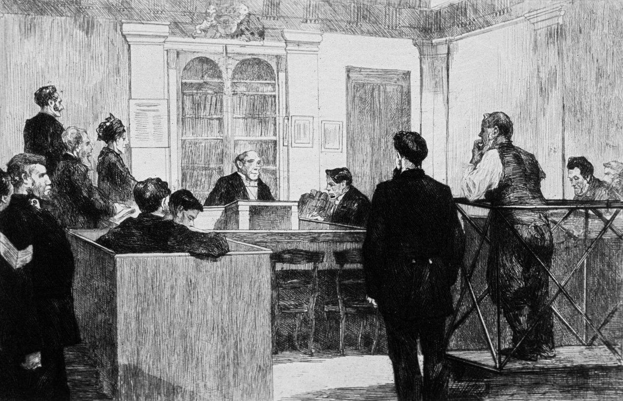 Sala sądu policyjnego przy Bow Street w Londynie w 1884 r. (rycina) autorstwa Auguste Andre Lancon