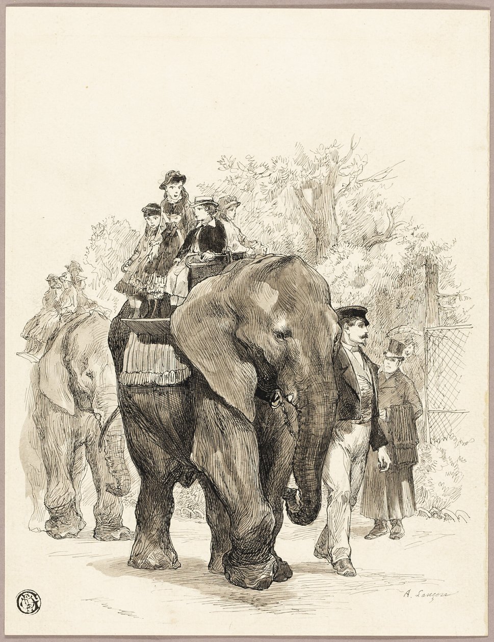 Słoń z jeźdźcami w Jardin des Plantes, Paryż autorstwa Auguste Andre Lancon