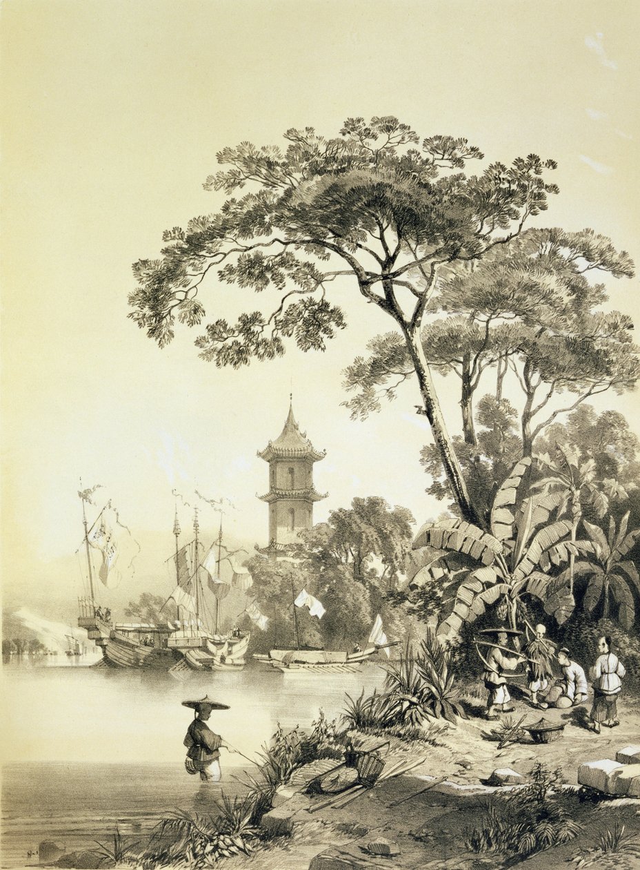Pagoda na kanale Macao-Canton, tablica 21 z "Szkiców z Chin", wyryta przez Eugene Ciceri (1813-90) 1842 (litografia barwiona) autorstwa Auguste Borget