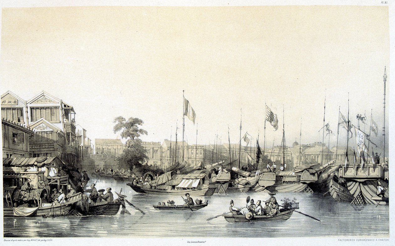 Fabryki europejskie w Kantonie - w „Chiny i Chińczycy””, rysunki Auguste Borget i litografie Eugène Cicéri autorstwa Auguste Borget