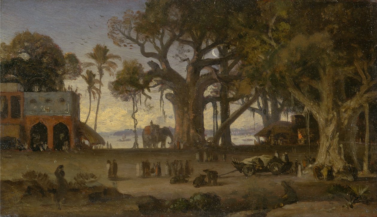 Księżycowa scena przedstawiająca indyjskie postacie i słonie wśród Banyan Trees, Górne Indie (prawdopodobnie Lucknow) autorstwa Auguste Borget