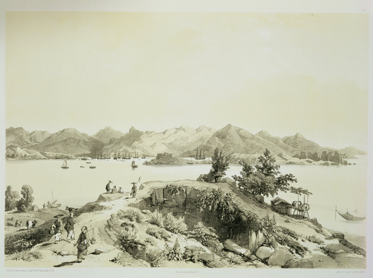 Zatoka i wyspa Hongkongu, tablica 4 ze „Szkiców Chin”, rytowana przez Eugene Ciceri (1813-90) 1842 (podbarwiony lit) autorstwa Auguste Borget