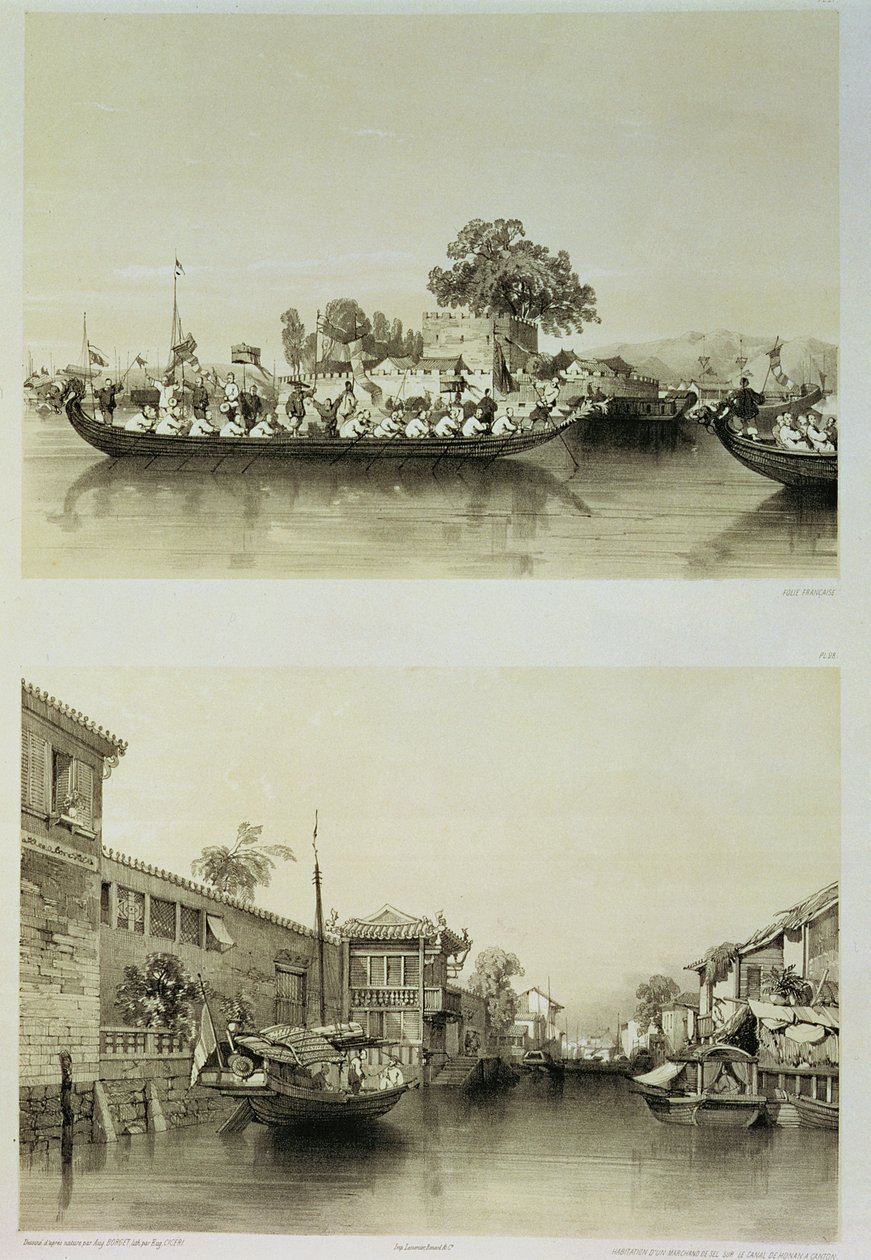 Francuski szaleństwo i dom kupca soli nad kanałem Honan-Canton, tablice 27 i 28 ze „Szkiców Chin”, rytowane przez Eugene’a Ciceri (1813-90) 1842 (podbarwione lito) autorstwa Auguste Borget