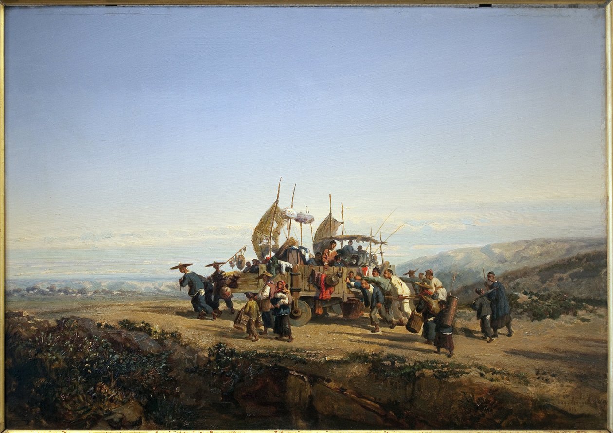 Podróżnicy używają rydwanu z żaglami i strzelają do mężczyzn. Malarstwo Auguste Borget autorstwa Auguste Borget