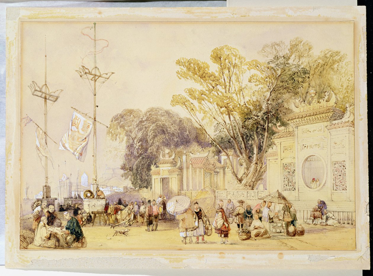 Village Square w Zatoce Hongkongu, tablica 5 ze „Szkiców Chin”, rytowany przez Eugene Ciceri (1813-90) 1842 (podbarwiony lit) autorstwa Auguste Borget