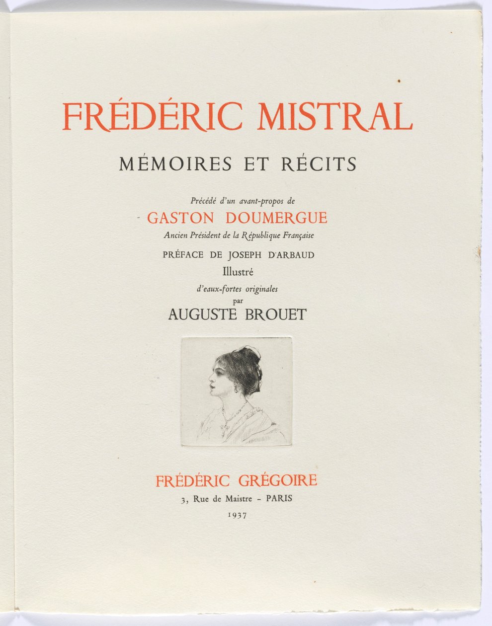 Frédéric Mistral: Mémoires et Recits by Frédéric Mistral: strona tytułowa, popiersie kobiety z profilu autorstwa Auguste Brouet