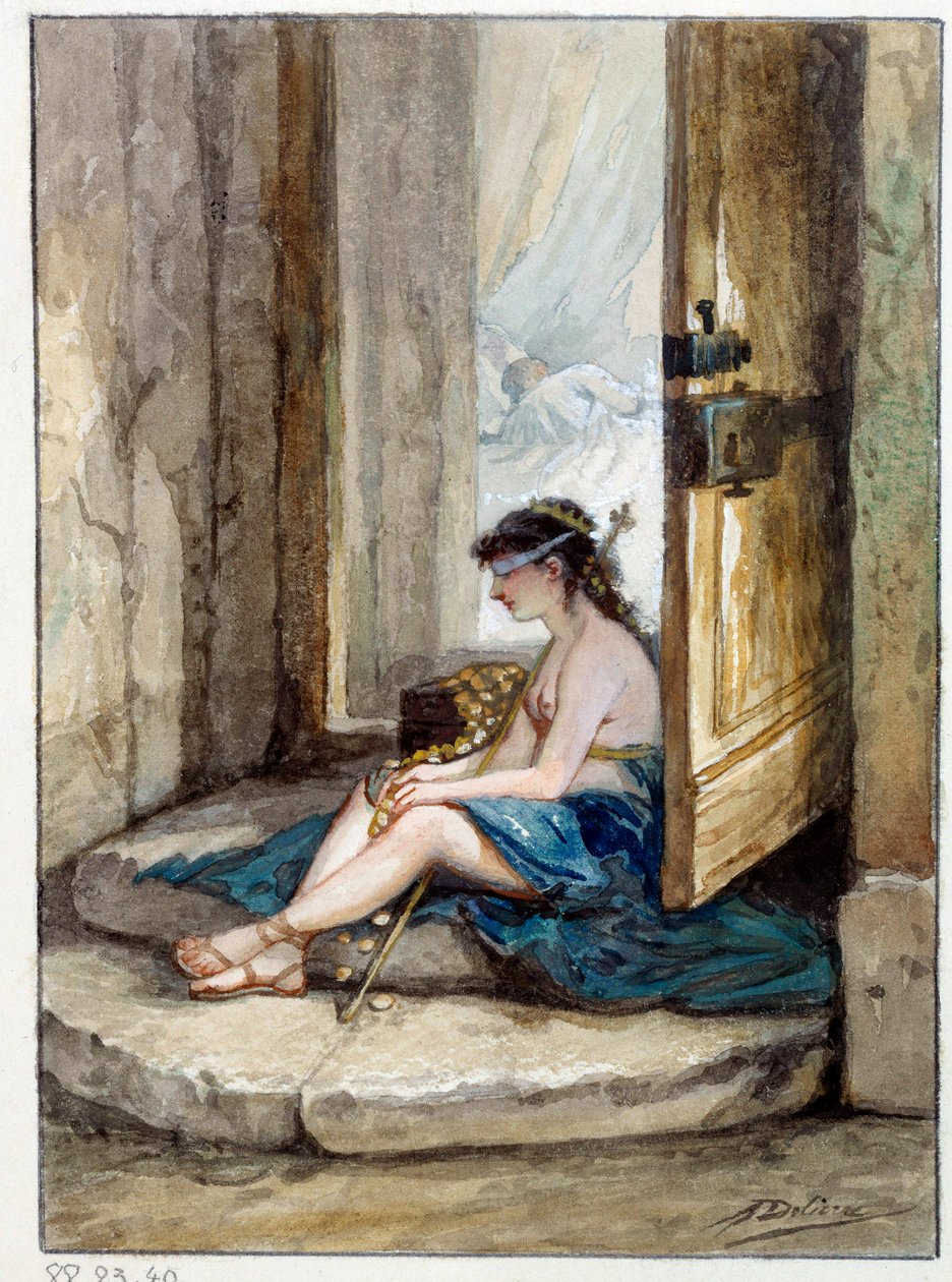 Ilustracja do bajki „Człowiek, który goni fortunę i człowiek, który czeka na niego w swoim łóżku” autorstwa Jeana de La Fontaine. Akwarela Auguste Delierre (1829-c.1890) autorstwa Auguste Delierre