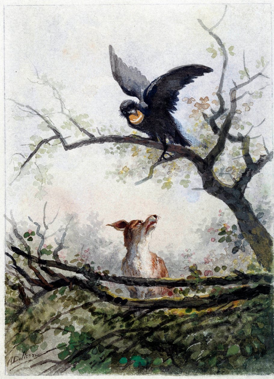 Lis i krowa. Ilustracja bajki Jeana de La Fontaine (1621-1695) autorstwa Auguste Delierre