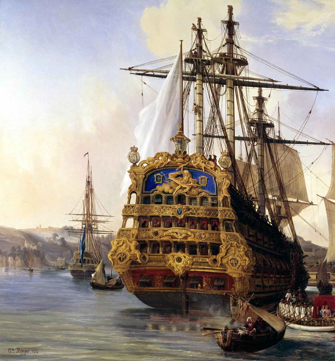 Statek „le foudroyant” w porcie w Brześciu w 1724 roku” Detal. obraz Auguste Mayera (1805-1890) 1724 Brześć, Muzeum Sztuk Pięknych - Statek „Le Foudroyant””” w porcie Brześć autorstwa Auguste Etienne Francois Mayer