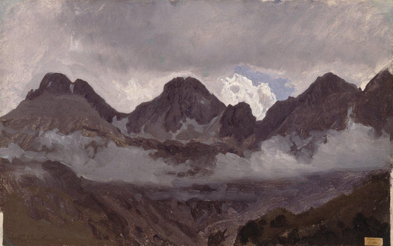 Góry z mgłą, połowa lat 50. XIX wieku (olej na papierze naklejony na płótno) autorstwa Auguste Francois Bonheur