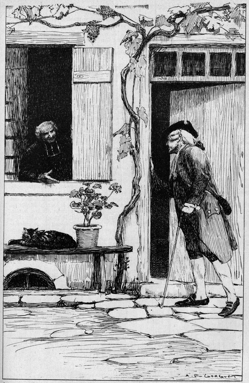 Parafia ze wsi Ermenonville zaprasza do swojej plebanii filozofa Jana Jacquesa Rousseau (1712-1778). Oise (60). Ilustracja Auguste Francois Gorguet (1862-1927) autorstwa Auguste Francois Gorguet