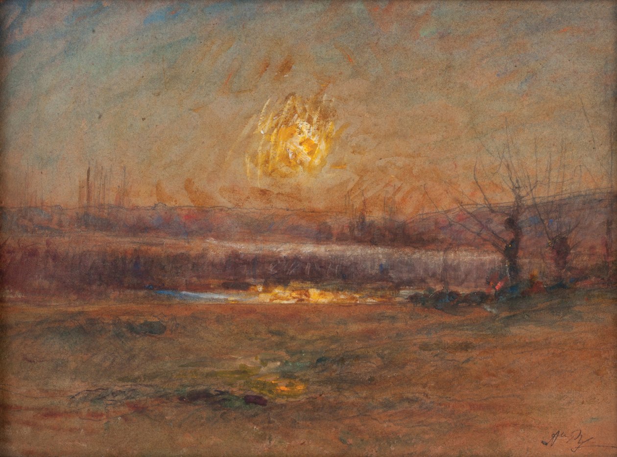Zachód słońca nad stawem na wsi autorstwa Auguste Francois Ravier