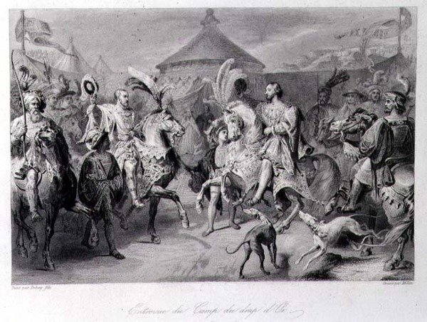 Spotkanie na polu płótna złotego, 24 czerwca 1520, sztychowane przez Millina (rycina) autorstwa Auguste Hyacinthe (after) Debay