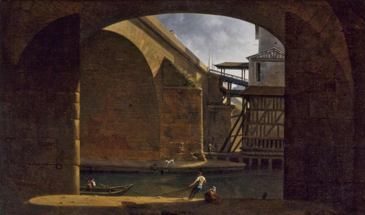 Most Notre-Dame i pompa widziane ze sklepienia Quai de Gesvres, 1816 (olej na płótnie) autorstwa Auguste Jacques Regnier