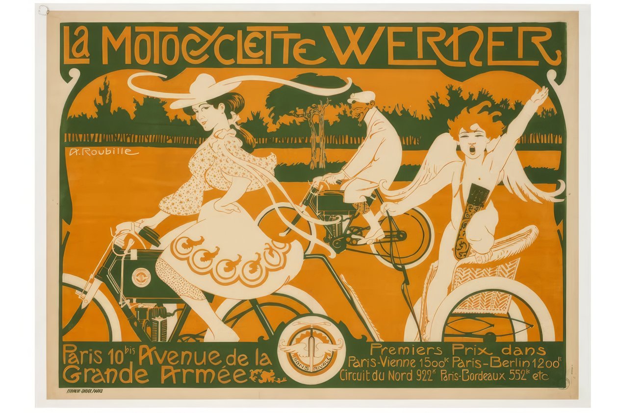 Motocykl Werner. Paryż, 10 Avenue de la Grande Armée. Pierwsze miejsce w wyścigu Paryż-Wiedeń 1500 km, Paryż-Berlin 1200 km. autorstwa Auguste Jean Baptiste Roubille