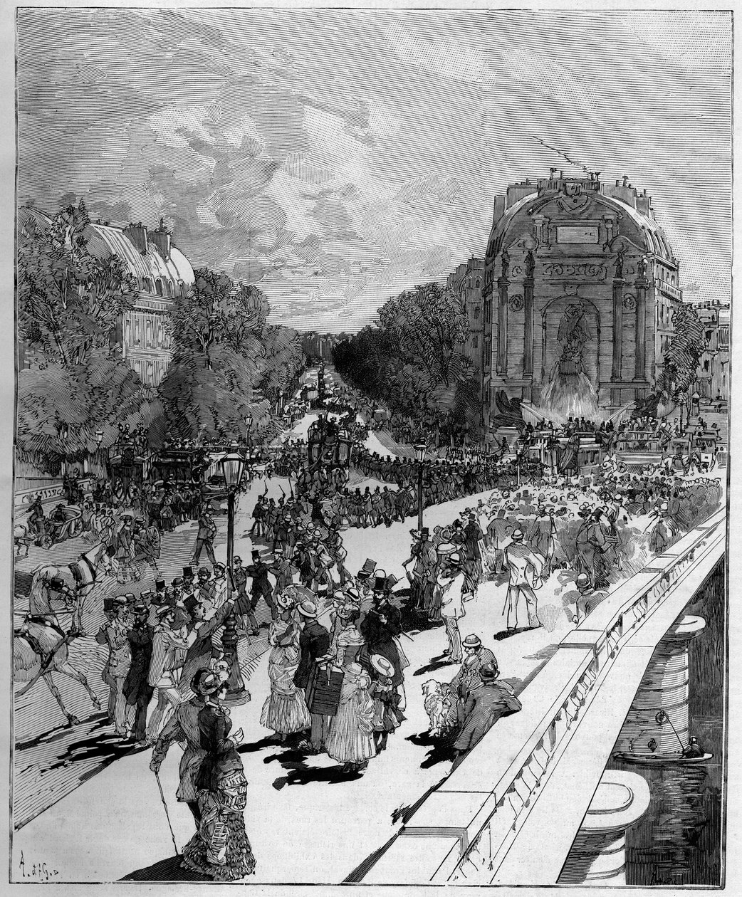Defile studenci Ecole Polytechnique (Monome) na Place Saint Michel (Saint-Michel) w Paryżu, 24 czerwca autorstwa Auguste Lepere