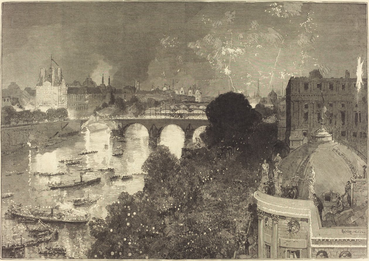 14 lipca. Iluminacja Sekwany od Pont Neuf do Pont au Change autorstwa Auguste Lepere
