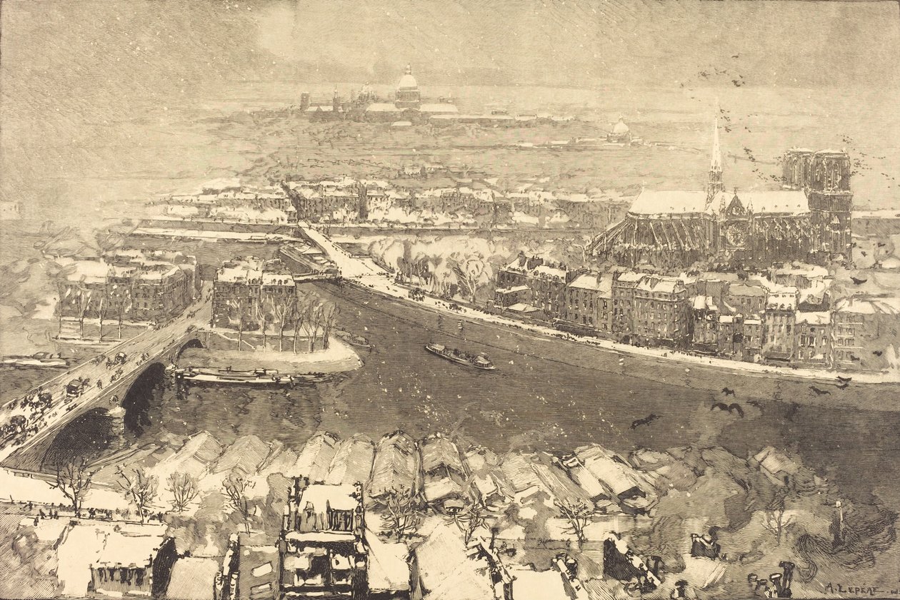 Paryż pod śniegiem, widok z St.-Gervais Paryż pod śniegiem, widziany ze szczytu St.-Gervaais, 1890. autorstwa Auguste Lepere