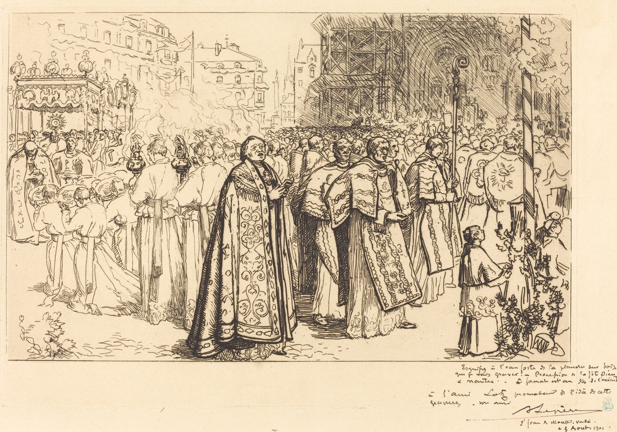 Powrót procesji do katedry w Nante (Rentree de la Procession a la Cathedral de Nantes) autorstwa Auguste Lepere