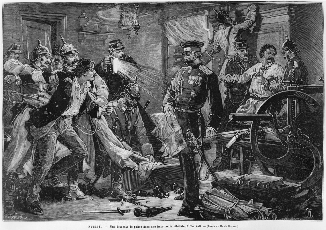 Rosyjska policja odkrywa nihilistyczną drukarnię w Charkoff, z "Le Monde Illustre", luty 1881 r. autorstwa Auguste Louis Lepère