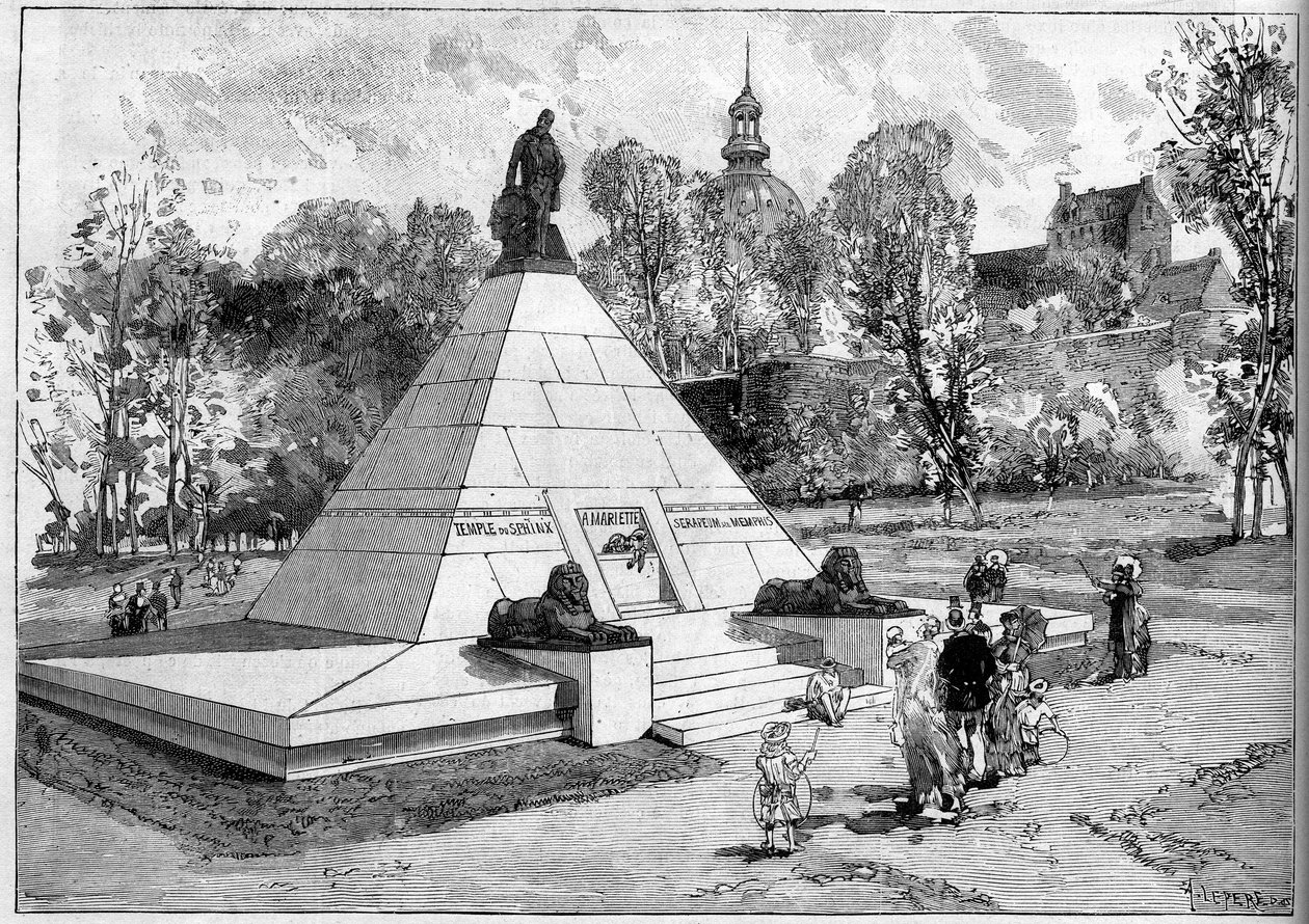 Widok na pomnik wzniesiony ku czci francuskiego egiptologa Auguste-Edouarda (Auguste Edouard) Mariette (1821-1881) w Boulogne sur Mer (Boulogne-sur-Mer), Pas de Calais (62). Grawer Lepere w „Le Monde Illustre” nr 1322 z 29 lipca 1882 r. autorstwa Auguste Lepere