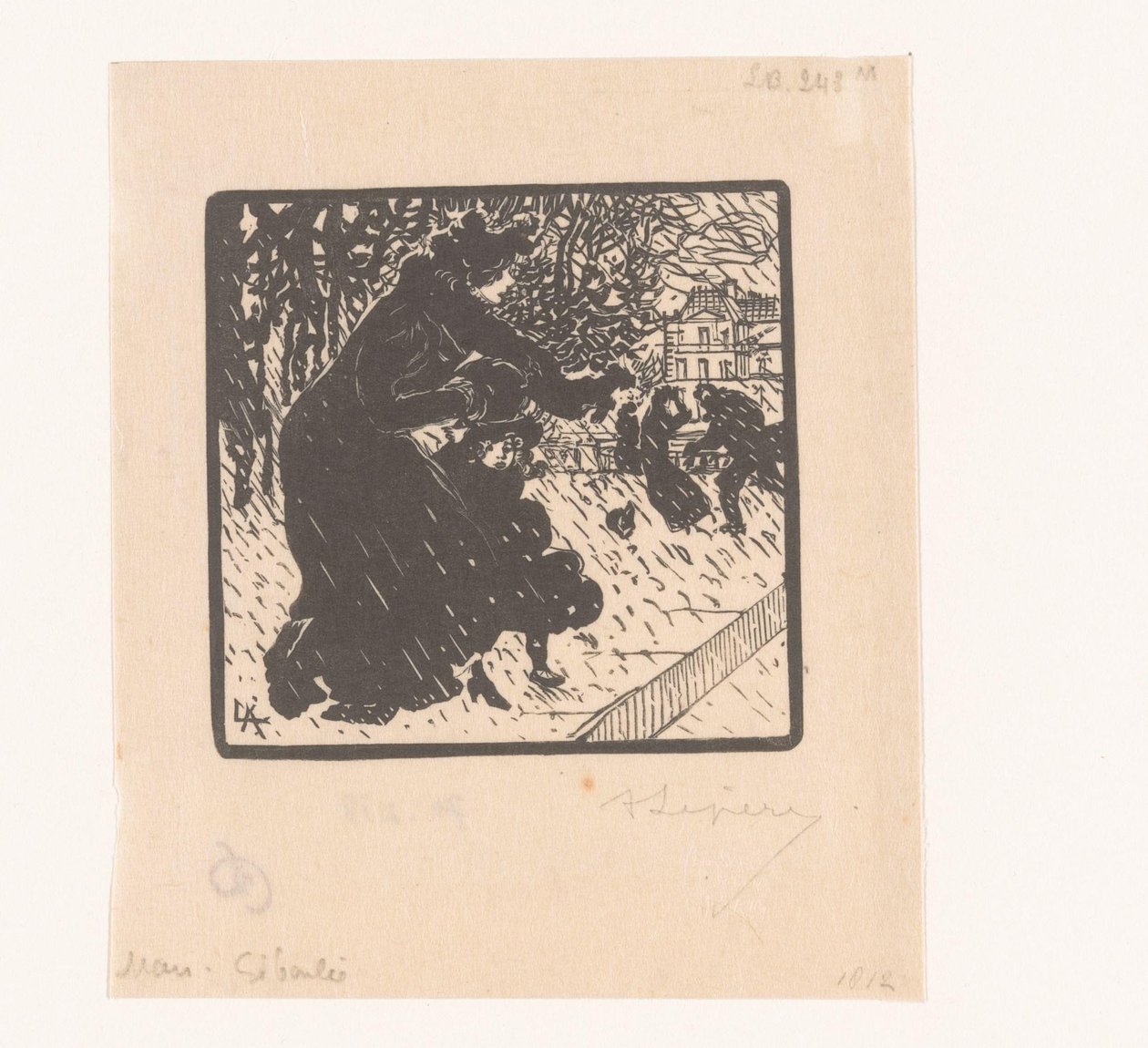 Kobieta i dziecko pod prysznicem Giboulées w Luksemburgu Mars Giboulée (tytuł na obiekcie) styczeń, luty i marzec 1894 (tytuł serii) Janvier, Février et Mars 1894 (tytuł serii) autorstwa Auguste Lepère (signed by artist)