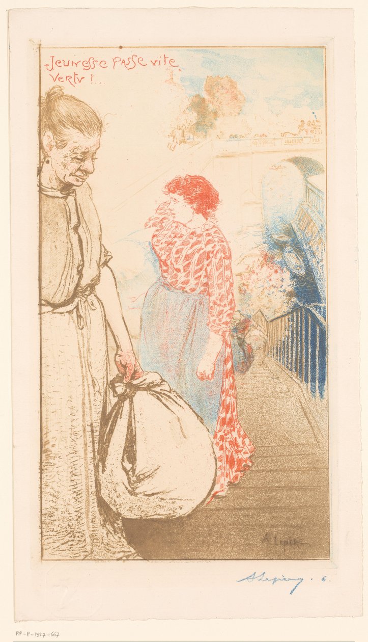 Praczki na schodach wzdłuż Sekwany Jeunesse passe vite vertu! (tytuł na obiekcie) autorstwa Auguste Lepère (signed by artist)
