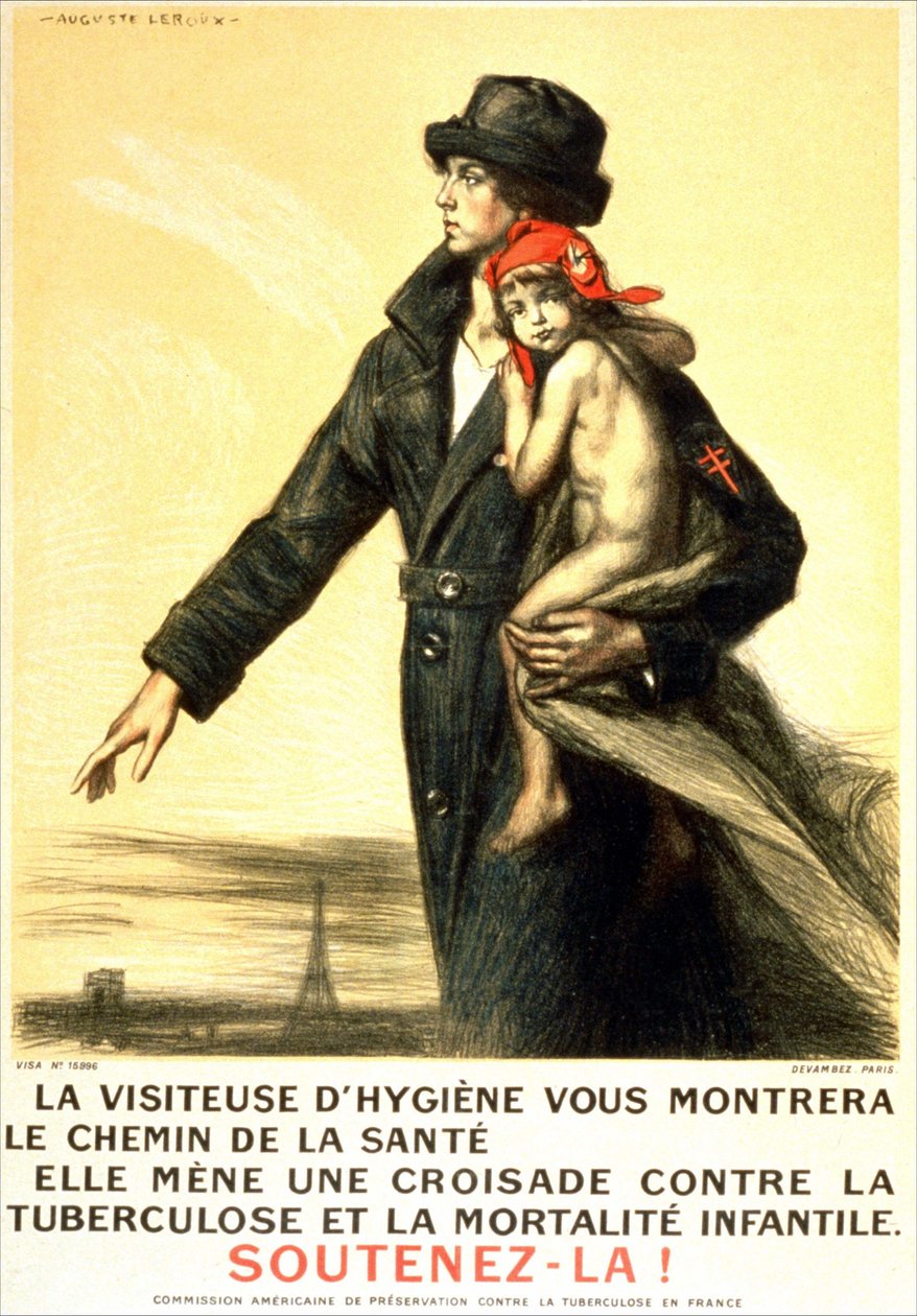 Higienistka wskaże ci drogę do zdrowia, zwalczy gruźlicę i śmiertelność niemowląt - plakat amerykańskiej komisji ds. walki z gruźlicą we Francji, fot. Auguste Leroux (1871-1954) autorstwa Auguste Leroux