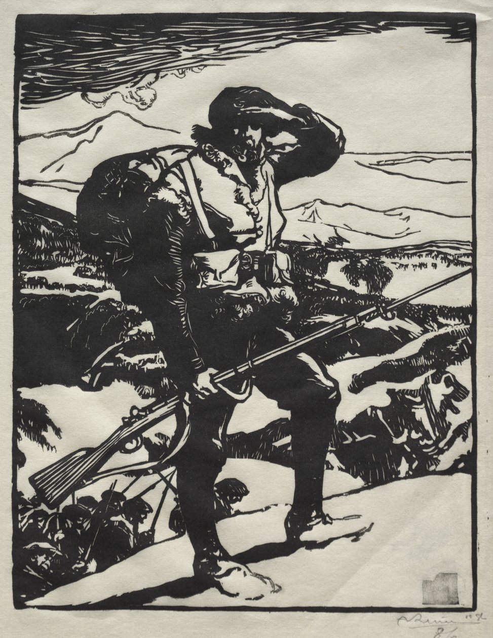 Łowca alpejski obserwujący równinę Renu autorstwa Auguste Louis Lepère