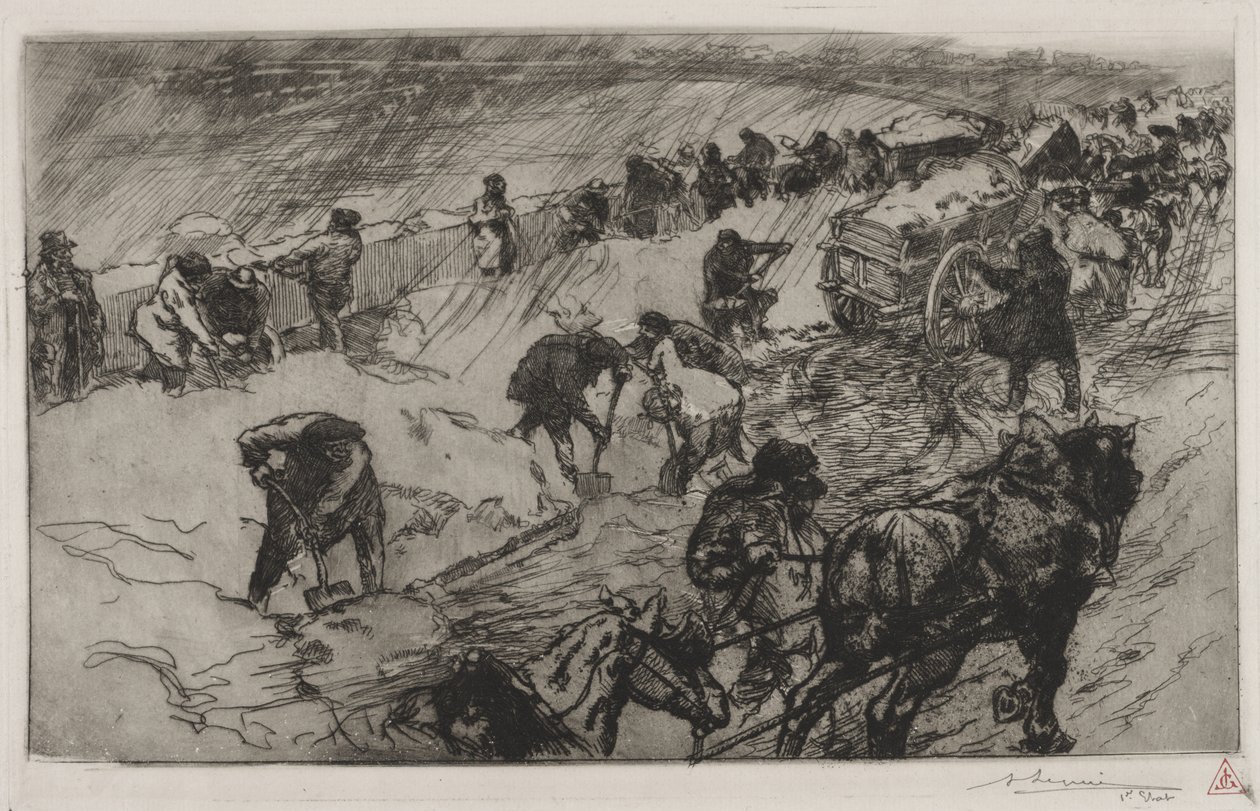 Walka ze śniegiem, Quai aux Fleurs autorstwa Auguste Louis Lepère