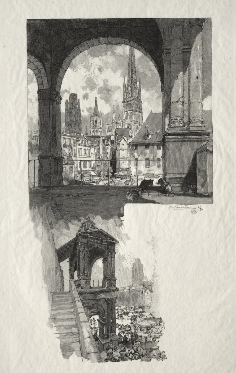 Ilustrowany Rouen: Wycieczka po Place de la Haute Vieille; Edykuł Dumy autorstwa Auguste Louis Lepère