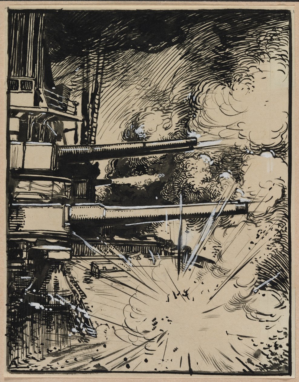 Bomba eksplodująca na kirysie z wycelowanymi armatami, 1914. autorstwa Auguste Louis Lepère