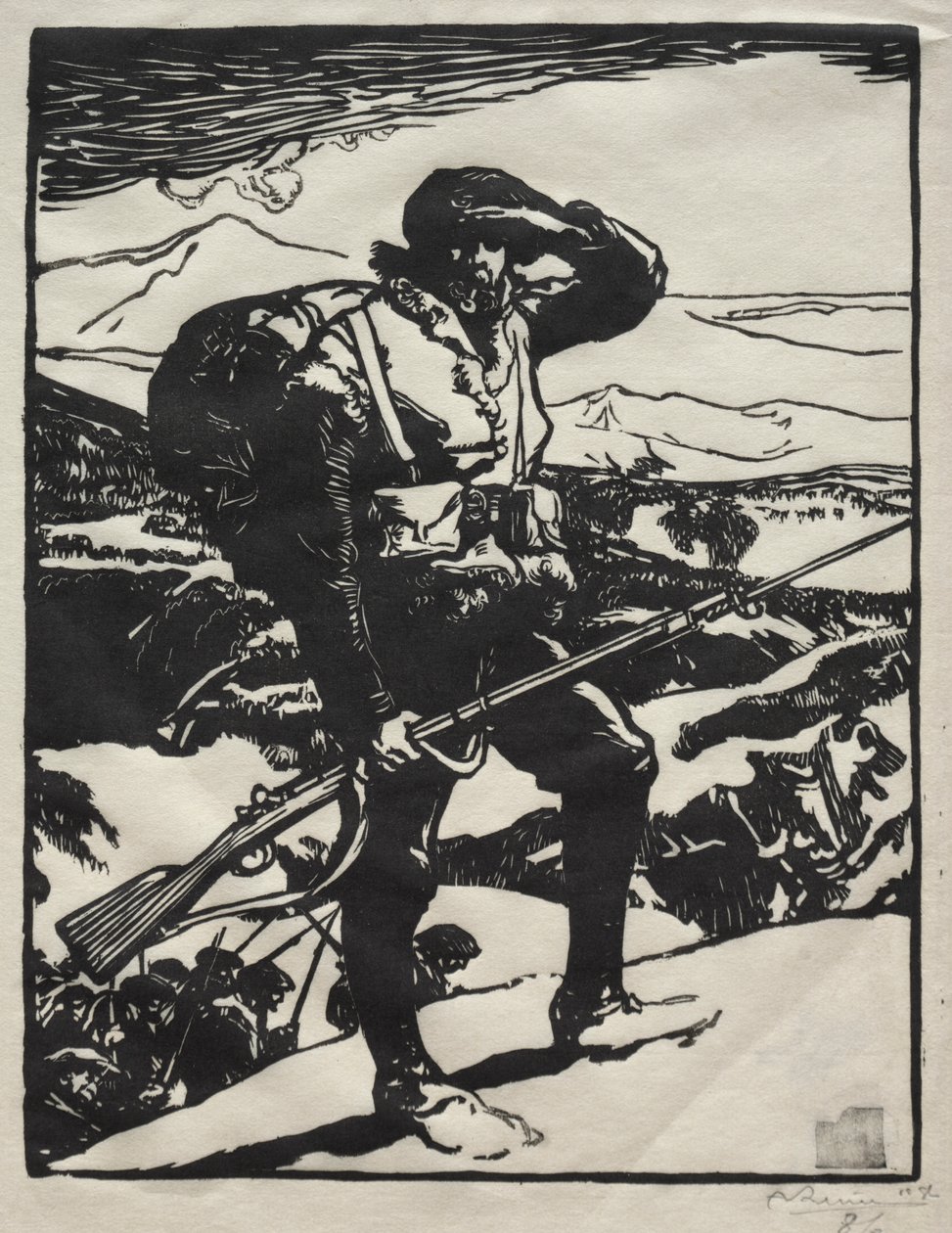 Łowca alpejski obserwujący równinę Renu autorstwa Auguste Louis Lepère