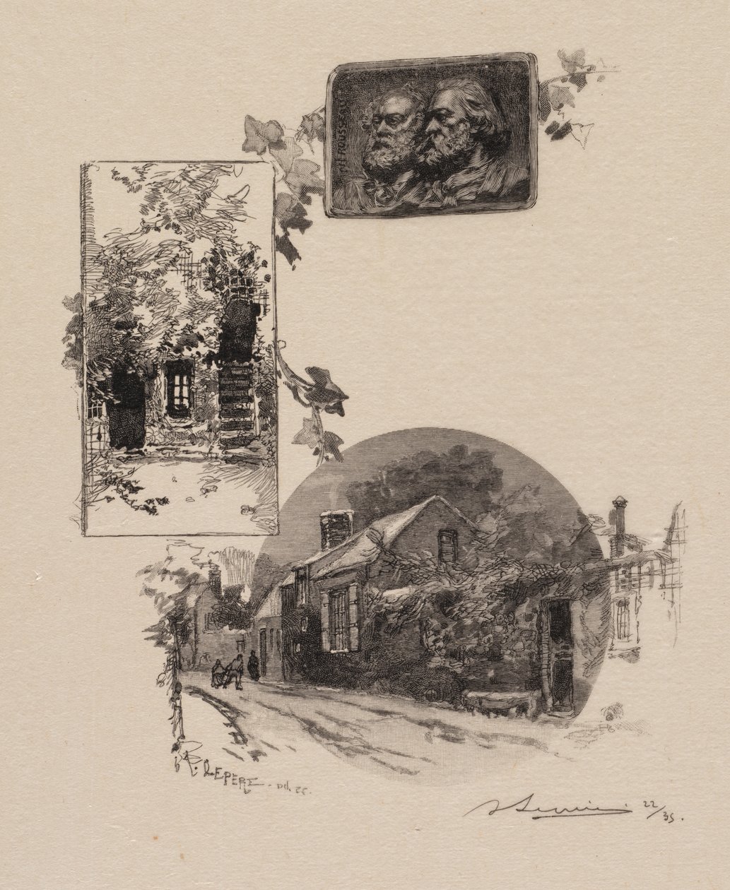 Las Fontainebleau: Wejście do pracowni Rousseau i domu prosa autorstwa Auguste Louis Lepère