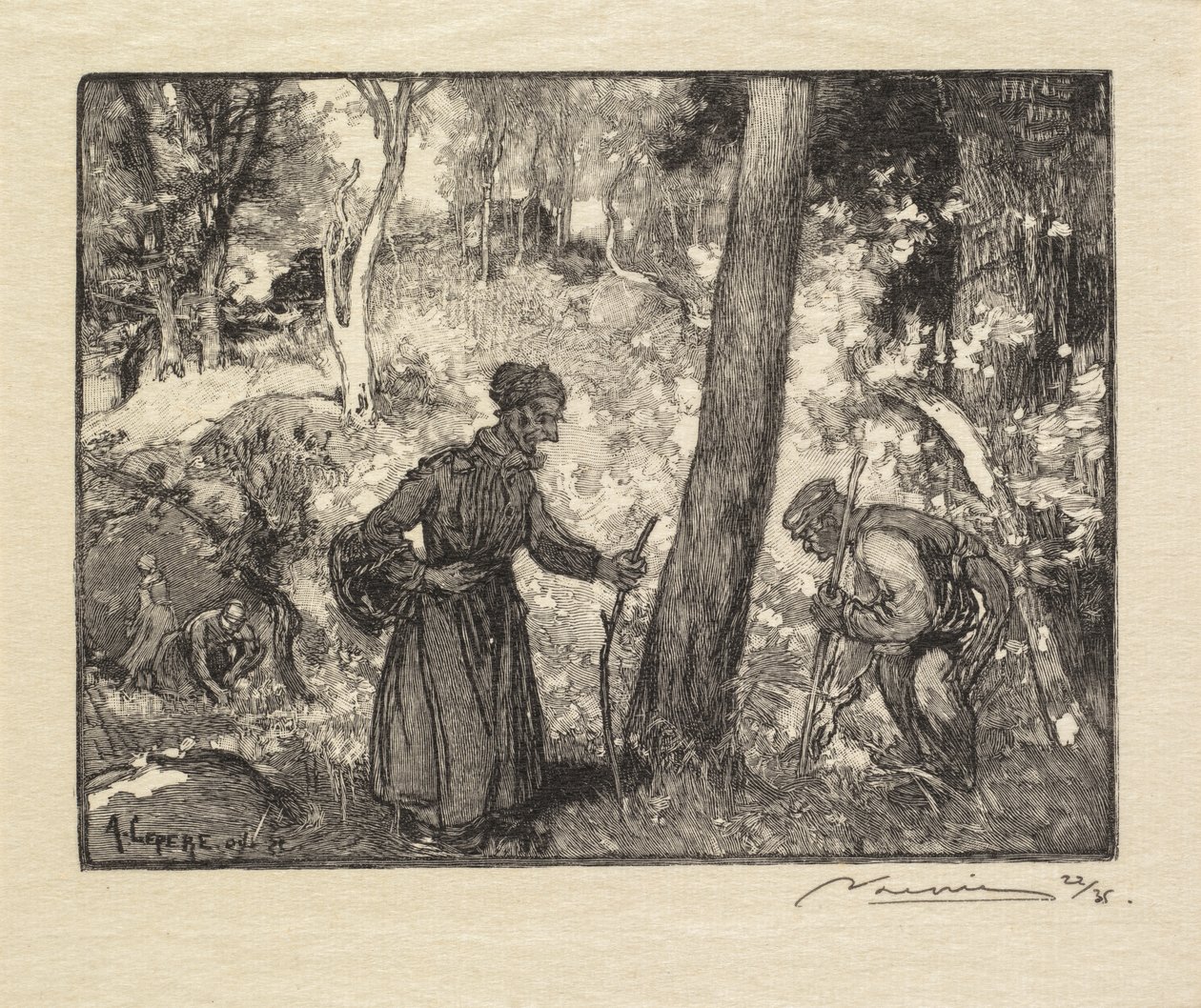 Las Fontainebleau: Łowcy grzybów w Rocher Bernard autorstwa Auguste Louis Lepère