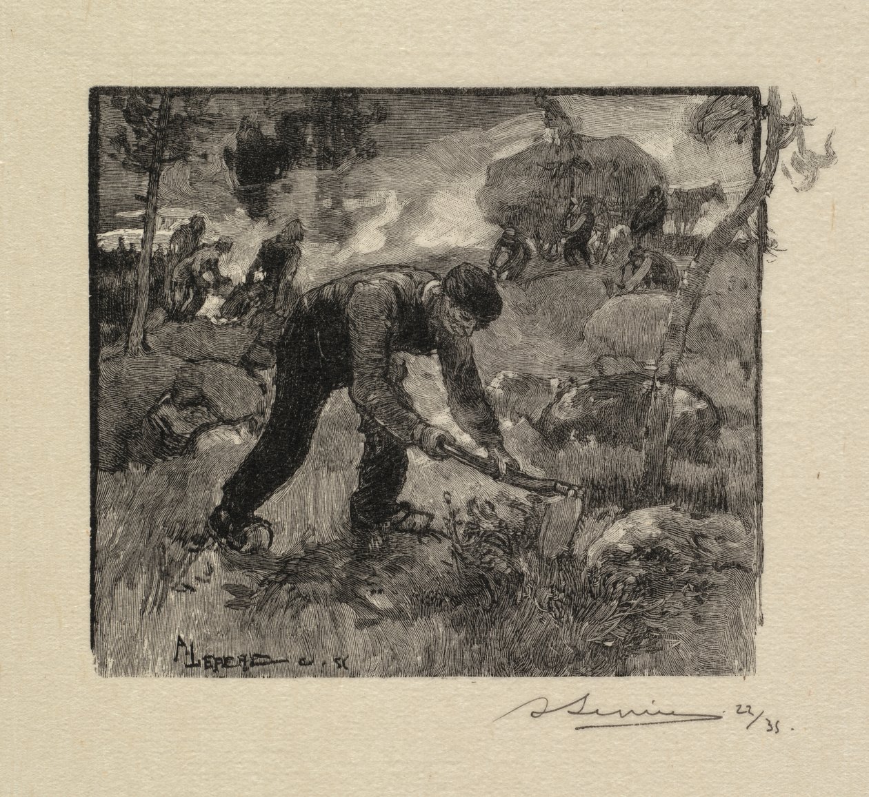 Las Fontainebleau: Ciągnięcie wrzosu La Forêt de Fontainebleau: Arracheurs de Bruyères, 1890. autorstwa Auguste Louis Lepère