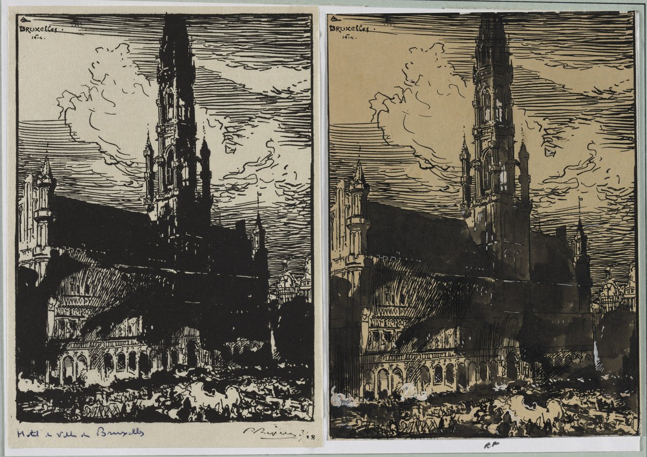 Pożar ratusza w Brukseli, 1914. autorstwa Auguste Louis Lepère