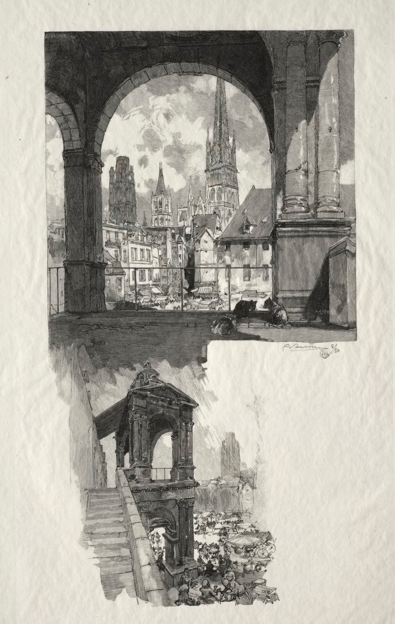 Ilustrowany Rouen: Wycieczka po Place de la Haute Vieille; Edykuł Dumy autorstwa Auguste Louis Lepère